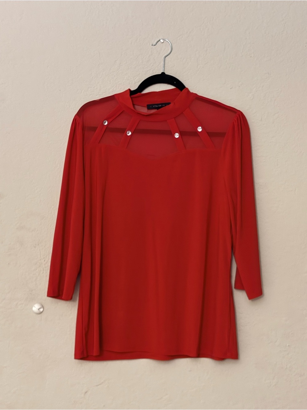 Red Mesh Yoke Long Sleeve Blouse with Accent Studs